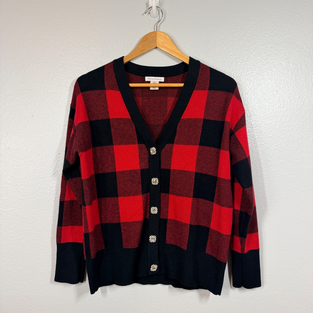 Tommy Bahama Cardigan Women Small Red Buffalo Plaid Jewel Button V-Neck Knit